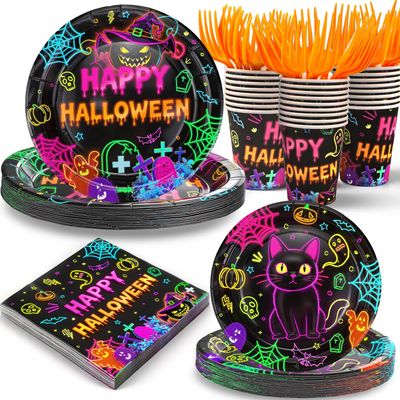 125PCS Plates and Napkins Set, 9 inches Neon Happy Halloween & 7 inches Black Cat Paper Plate Napkins Cups Forks for Birthday Party Decorations Dinnerware Supplies (Halloween Plates Set)
