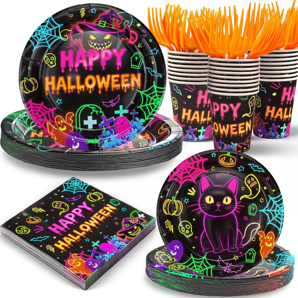 125PCS Plates and Napkins Set, 9 inches Neon Happy Halloween & 7 inches Black Cat Paper Plate Napkins Cups Forks for Birthday Party Decorations Dinnerware Supplies (Halloween Plates Set)