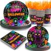 125PCS Plates and Napkins Set, 9 inches Neon Happy Halloween & 7 inches Black Cat Paper Plate Napkins Cups Forks for Birthday Party Decorations Dinnerware Supplies (Halloween Plates Set) view 1