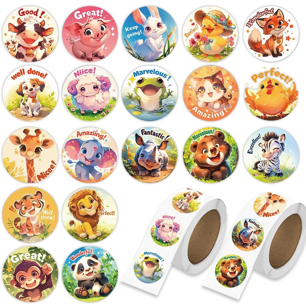 1000 Pcs Teacher Reward Animal Stickers for Classroom Boys Girls School Students.2 Roll 1 Inch Good Job Stickers.Teacher Must Haves Supplies Small Sticker