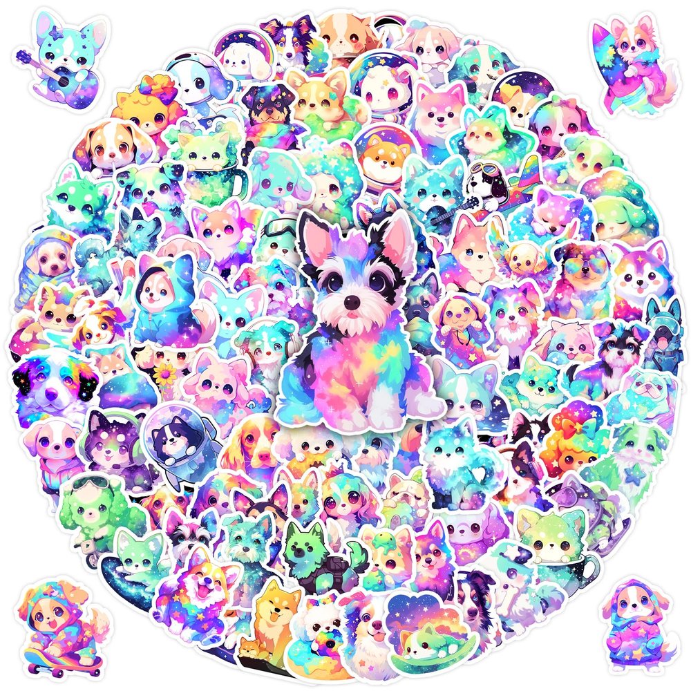 100Pcs Cute Rainbow Dog Stickers Pack for Kids Girls Teens,Kawaii Waterproof Vinyl Decals,Reusable Cartoon Animal Sticker for Water Bottle Laptop, Dog Decor Puppy Party Favors