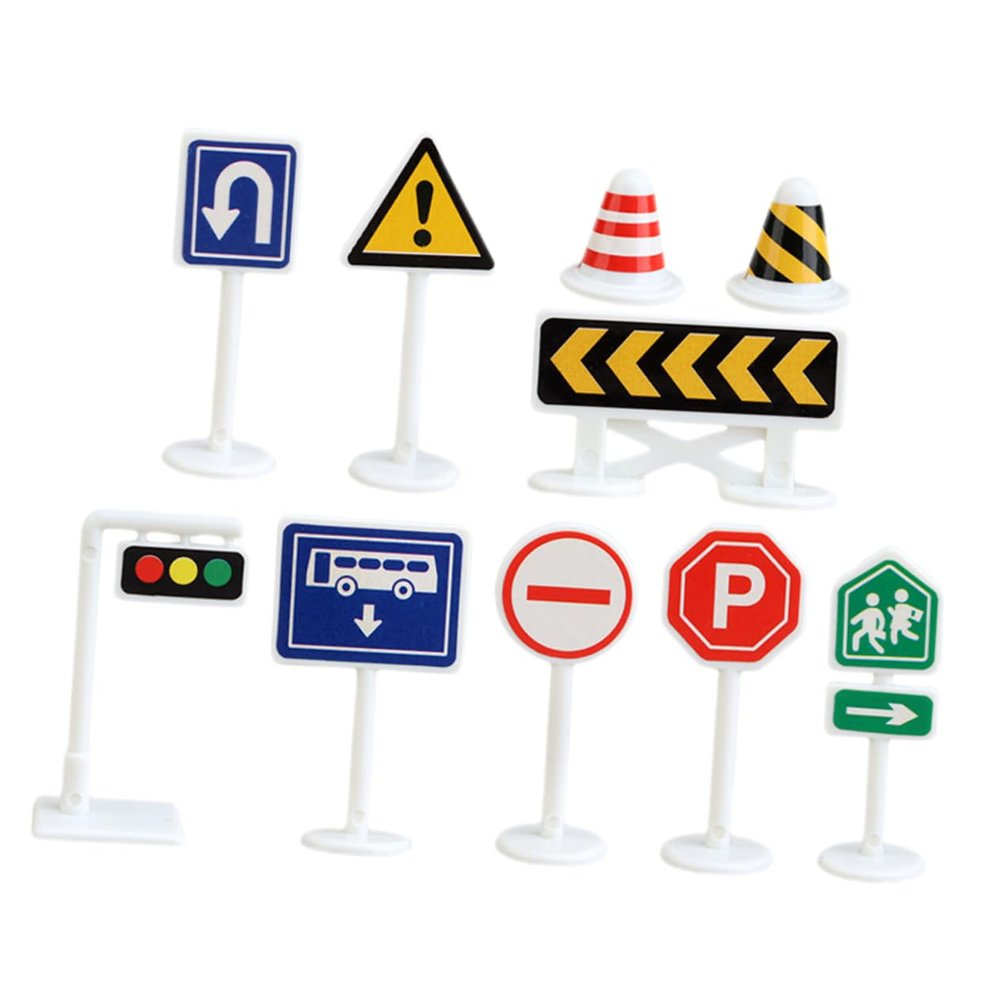 Vaguelly 10pcs Miniature Road Sign for Educational Play Traffic Barricade Models with Bright Colors Compact Lightweight Road Safety Teaching Tools