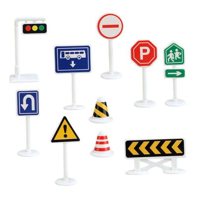 CORHAD 10pcs Miniature Traffic Sign Road Barrier Models for Bright Colored Traffic Cognition Simulation Educational Street Safety Playthings