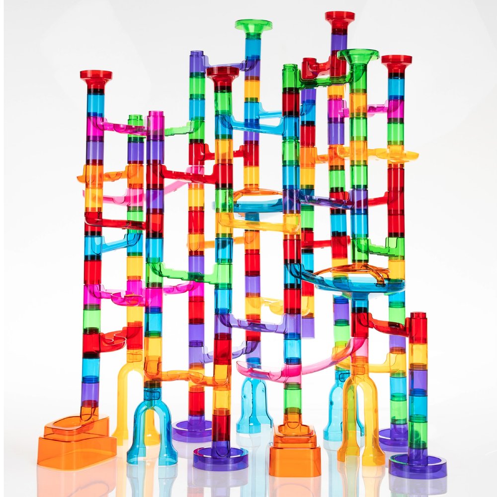 Fat Brain Toys Marble Run 200 Piece Set, Open-Ended Construction Set with Glow-in-the-Dark Marbles for Kids Ages 3+
