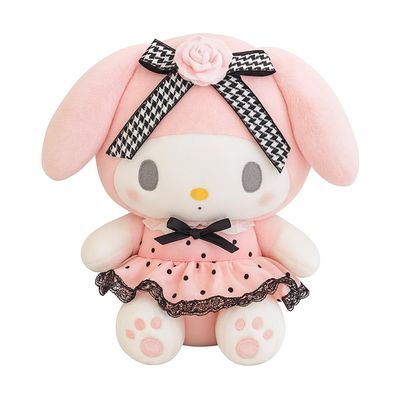 AlphaDesignLuxe 13 Kitty Plush Toy Kawaii Cat Stuffed Animal with Long Pink Ears, Polka-Dot Dress, Black Lace Trim & Rose Bow, Soft Plush Doll Gift for Kids, Teens & Collectors
