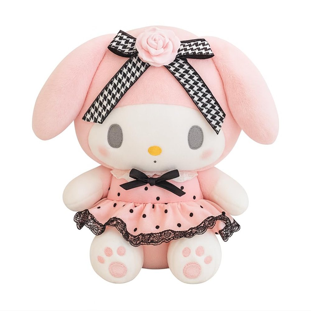 AlphaDesignLuxe 13 Kitty Plush Toy  Kawaii Cat Stuffed Animal with Long Pink Ears, Polka-Dot Dress, Black Lace Trim & Rose Bow, Soft Plush Doll Gift for Kids, Teens & Collectors