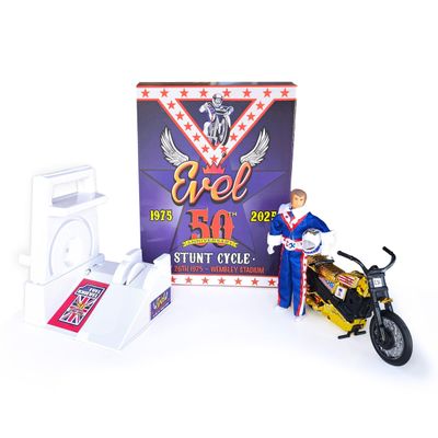 Evel Knievel Wembley 50th Anniversary Stunt Cycle Set  Limited Gold Edition Wind-Up Motorcycle with Rip Cord Launcher  Collectible Action Figure for Kids, Collectors & Stunt Fans 13+