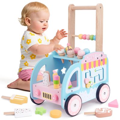 Wooden Baby Walker with Wheels for Girls, Toddler Play Store Ice Cream Toy, Multifunctional Ice Cream Cart with Baby Activity Center, Push Walking Toys Gift for 18+ Months Kids Learning to Walk