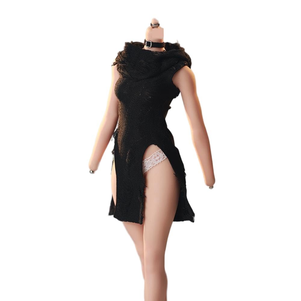 Fremego 1/6 Scale Female Clothes,Female Hooded Wasteland Style Long Split Dress and Underpants Sweater Dress Outfit Clothing Accessory for 12inch PH TBL JO Action Figure (Black)