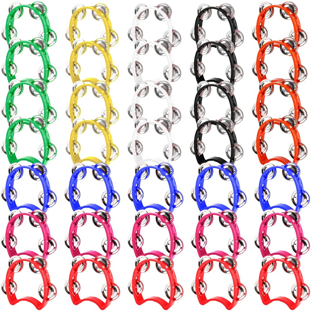 36 Pcs Tambourine Percussion Musical Instrument Plastic Tambourine with 4 Jingle Bells Mini Handheld Tambourine Bulk Kids Adults Noise Makers for Party School, 8 Colors