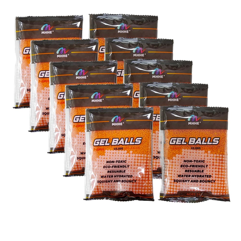 MHHE,100k Orange Gel Ammo for Gel Ball Blasters (7-8 mm,10 Packs,10000 Pieces Per Pack), Hydrogel Balls for Ages 14 & Up