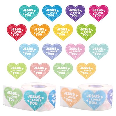 1000pcs Jesus Loves You Stickers, 16 Colors Christian Religious Sticker Rolls Jesus Loves You Religious Themed Decal for Kids Paper Envelope Card Gifts (Heart Style)