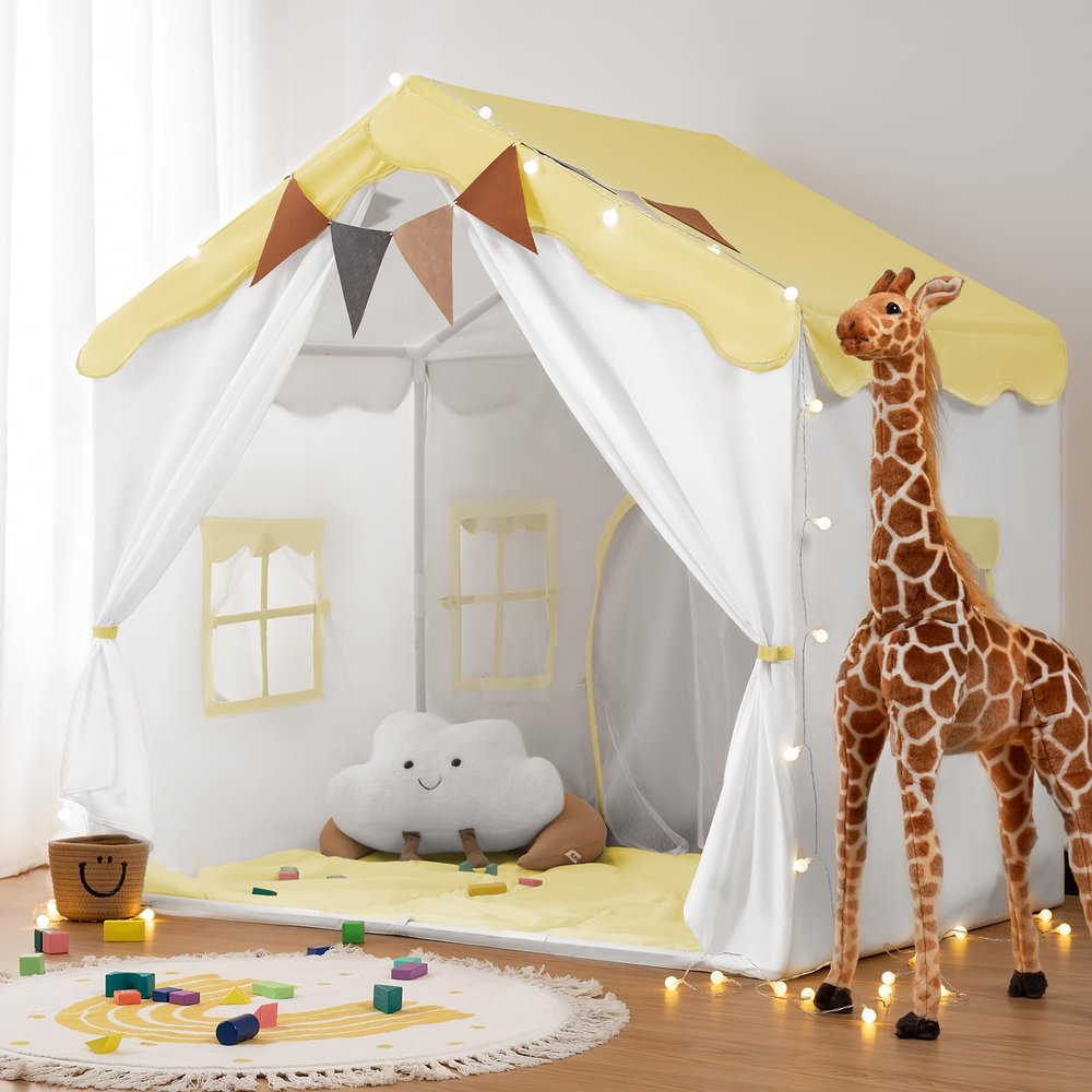 Besrey Kids Play Tent 2 in 1 with Padded Mat and Lights, Large Kids Playhouse with 2 Doors & 4 Windows, Indoor & Outdoor, Christmas Toddler Tent, 51" x35" x 51" (Yellow)