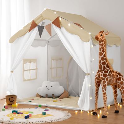 besrey Kids Play Tent 2 in 1 with Padded Mat and Lights, Large Kids Playhouse with 2 Doors & 4 Windows, Indoor & Outdoor, Christmas Toddler Tent, 51" x35" x 51" (Brown)