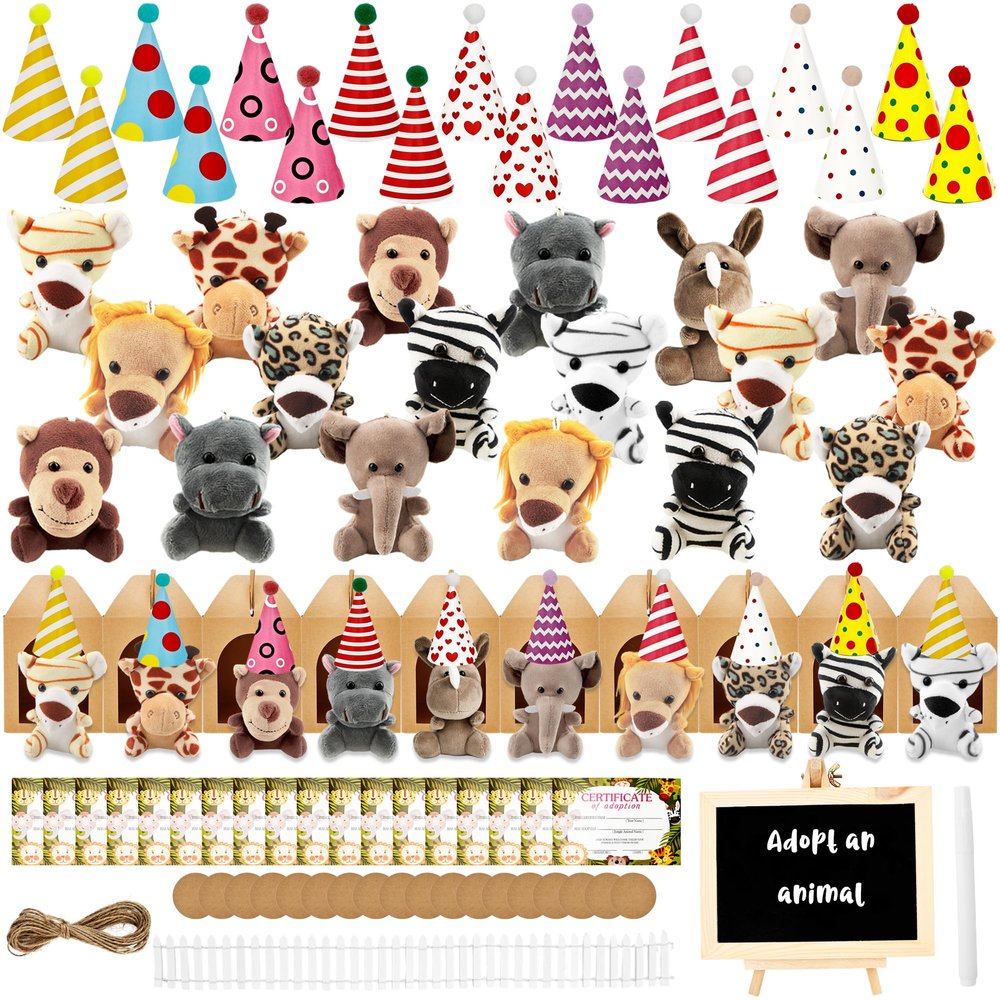 94 Pcs Mini Safari Jungle Animal Plush Giraffe Tiger Elephant Lion Zebra Stuffed Toys Birthday Hat Paper Boxes Adoption Card Fence Blackboard for Adult Adopt Pet Theme Birthday Party Favor Set