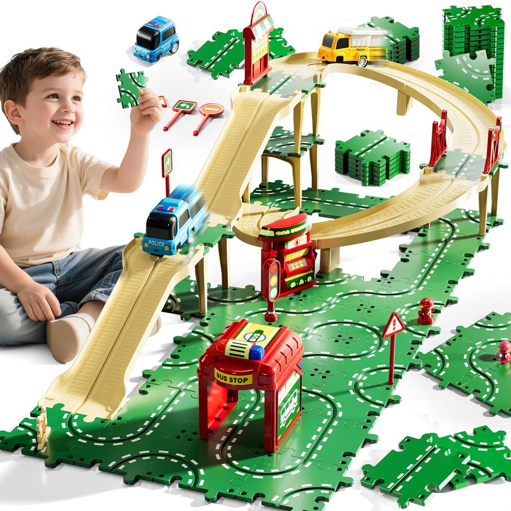 KIZONLY Puzzle Racer Kids Car Track Set, 4-Tier Race Tracks for Kids Ages 3-5 with 3 Cars, Traffic Parts, Trucks for Toddlers 2-4 Years, Floor Puzzle Tracks Car Gift for Boys Girls 3 4 5 Year Old