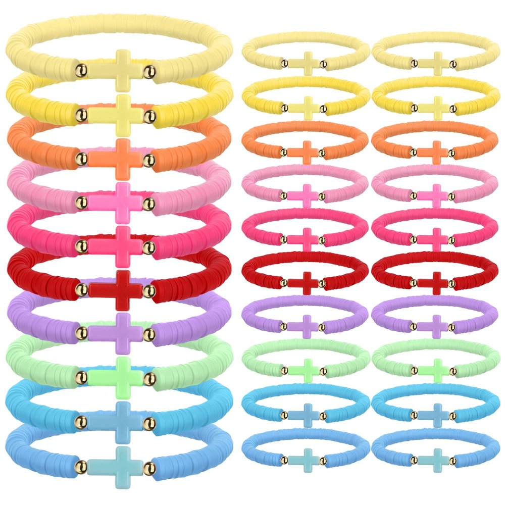 Chanumetal 30 Pcs Christian Bracelets, Stackable Clay Cross Bracelet, Colorful Cross Bracelet for Women, Inspirational Christian Gifts Bulk for Christmas Sunday Team