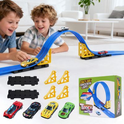Kimdog Flexible Race Track for Kids - 15Ft Car Track with 4 Vehicle in 1:64 Scale, 4M DIY Car Ramp Roll Up, Play Race Cars for 3 4 5 6 Year Old Boys Girls, Little People Gifts for Birthday Christmas