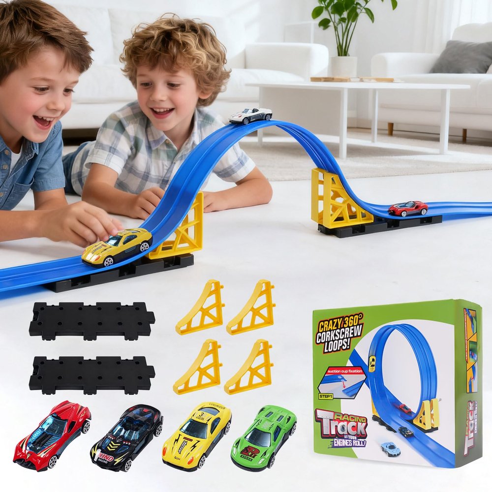 Kimdog Flexible Race Track for Kids - 15Ft Car Track with 4 Vehicle in 1:64 Scale, 4M DIY Car Ramp Roll Up, Play Race Cars for 3 4 5 6 Year Old Boys Girls, Little People Gifts for Birthday Christmas