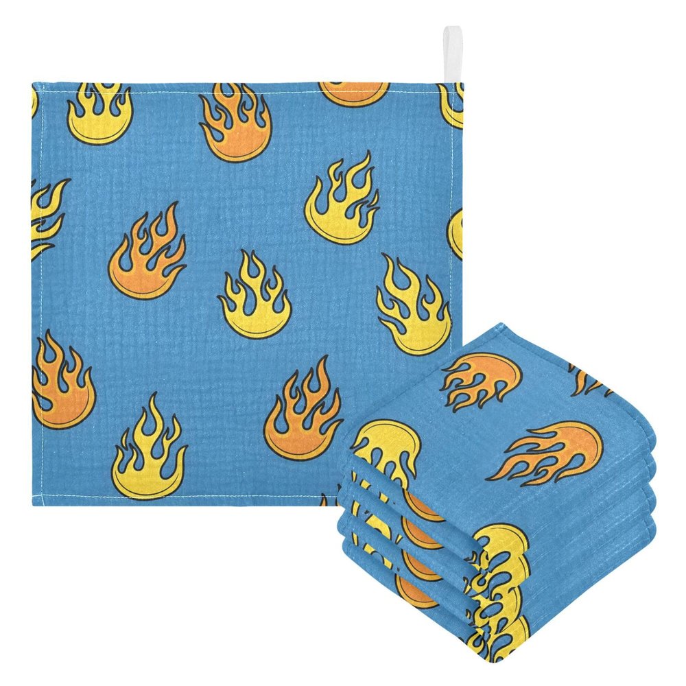 CUPADA Baby Washcloths Flame Design on Blue Muslin Face Towels Soft Absorbent Burp Wash Wipes Towel for Newborn Infant, 5 Pack