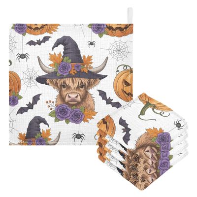 CUPADA Baby Washcloths Muslin Face Towels Halloween Highland Cow Pumpkin Soft Burp Wipe Towel Absorbent Wash Wipes Infant Newborn Washcloths,3 Pack