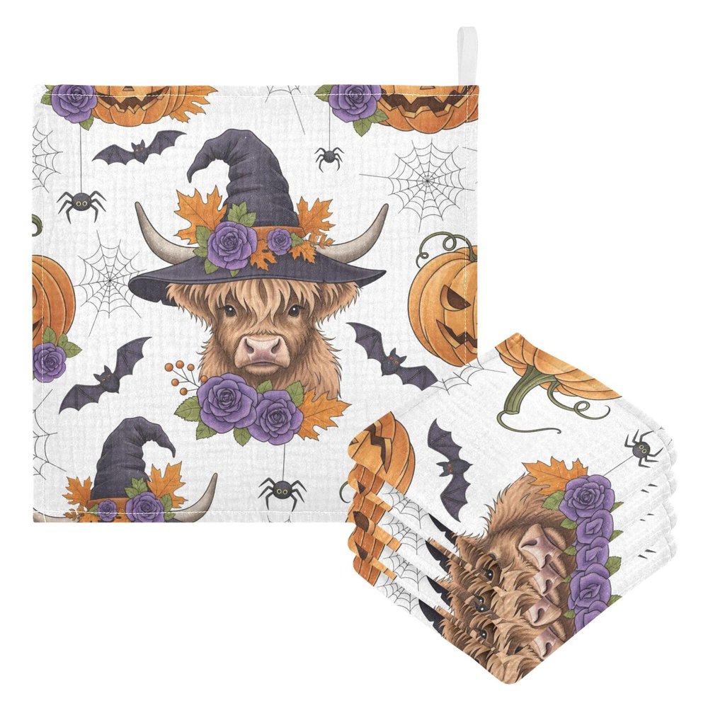 CUPADA Baby Washcloths Muslin Face Towels Halloween Highland Cow Pumpkin Soft Burp Wipe Towel Absorbent Wash Wipes Infant Newborn Washcloths,3 Pack