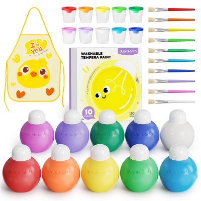 JUPITEARTH 10 Colors Washable Paint Set for Kids Ages 3-6, 4.06oz(120ml), Non-Toxic, Includes Brushes, Cups and Apron, Creative Gift for Toddlers and Preschoolers