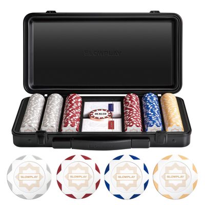 SLOWPLAY Nash 14g Clay Poker Chip Set for Texas Hold'em, 300 PCS [Blank Chips - White Gold Edition] Features a Premium Case with Durable German Polycarbonate Shell