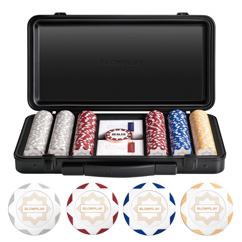 SLOWPLAY Nash 14g Clay Poker Chip Set for Texas Hold'em, 300 PCS [Blank Chips - White Gold Edition] Features a Premium Case with Durable German Polycarbonate Shell