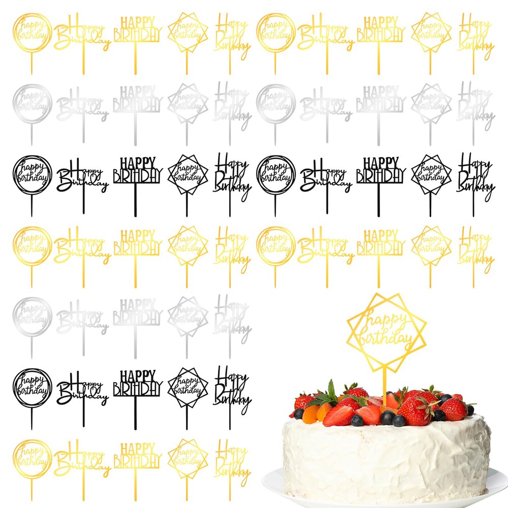 150pcs Gold Happy Birthday Cake Toppers Bulk Mirror Acrylic Cupcake Topper Double-Sided Dessert Decorations for Girls Women's Happy Birthday Sign for Cake Side Cupcake Decorations Party Supplies