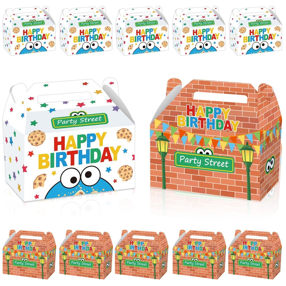 12 Pcs Street Theme Birthday Party Supplies Cookie Theme Cartoon Friends Party Treat Boxes Street Red Brick Wall Goodie Gift Boxes for Kid Boys Girls Green Monster Birthday Baby Shower Decoration