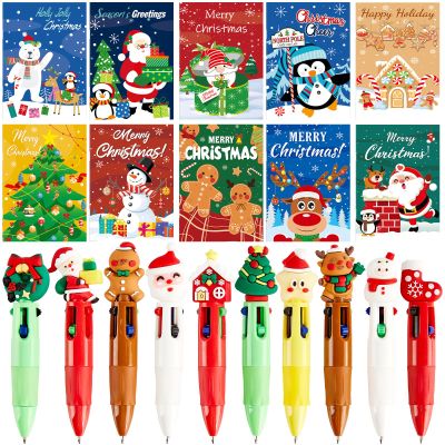 30 Sets Christmas Notepads with Pens Merry Christmas Mini Notebooks Colorful Xmas Ballpoint Pens Santa Snowman Pocket Notebook for Winter Xmas Party Home Staff Teacher Coworker School Office Gifts