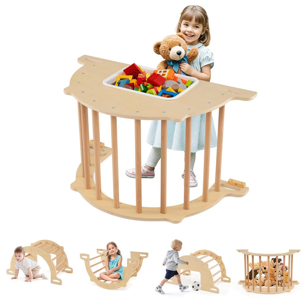 HONEY JOY Pikler Wooden Arch Climber, Montessori Sensory Table for Kids w/Foldable Storage Bin, Baby Rocker Ladder Play Gym, Toddler Climbing Toys Indoor, Learning Gift for Kids (35.5  20  19)