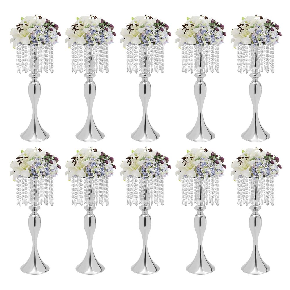 10Pcs 21.3in Elegant Metal Flower Holders with Crystal Beads for Wedding and Party Centerpieces(Silver)