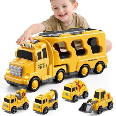 Novaluki 5 in 1 Construction Toys Cars for Toddler Ages 2-4, Transport Vehicle with Sounds and Lights, Excavator Toy for Boys, Christmas Birthday Gifts for Kids 2 3 4 5 6 Years Old