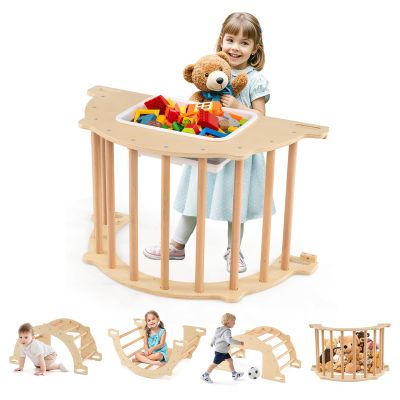 HONEY JOY Pikler Wooden Arch Climber, Montessori Sensory Table for Kids w/Foldable Storage Bin, Baby Rocker Ladder Play Gym, Toddler Climbing Toys Indoor, Learning Gift for Kids (31.5  18.5  16)