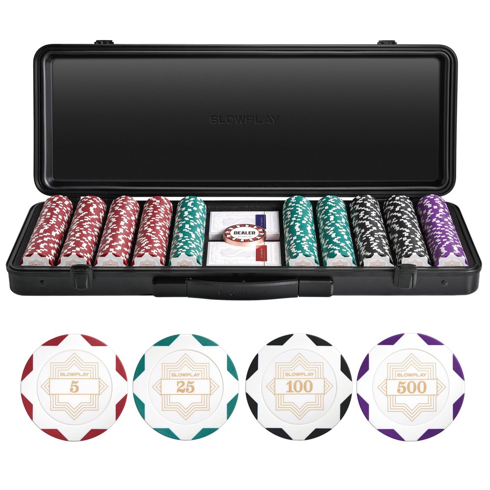 SLOWPLAY Nash 14g Clay Poker Chip Set White Gold Edition 500PCS Core Set for Texas Holdem | Numbered Chips: 5, 25, 100, 500 | Premium Case with Durable German Polycarbonate Shell
