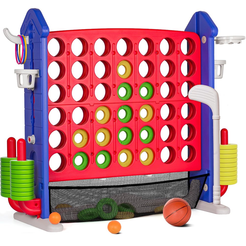 Giant 4 Connect in a Row Game Outdoor, Height Adjustable Jumbo 4-to-Score Yard Games Set with Basketball toy, Ring Toss Golf Play for Kids & Adults Outdoor Indoor Family Holiday Party Game Gift
