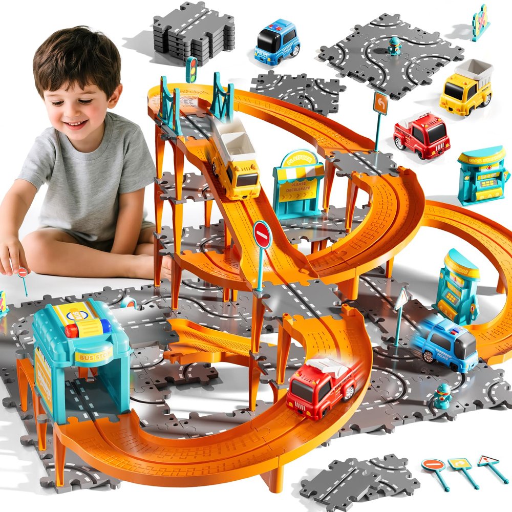 KIZONLY Puzzle Racer Kids Car Track Set, 4-Tier Race Tracks for Kids Ages 3-5 with 3 Cars, Traffic Parts, Trucks for Toddlers 2-4 Years, Floor Puzzle Tracks Car Gift for Boys Girls 3 4 5 Year Old