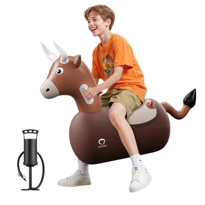 QPAU Inflatable Bull Hopper Bouncy Toy with Fabric Cover & Pump, Ride On Toys for Kids 5+ & Adults, Outdoor Play Toys, Cowboy Party Bull Riding Toy, Fun Sports & Yard Games