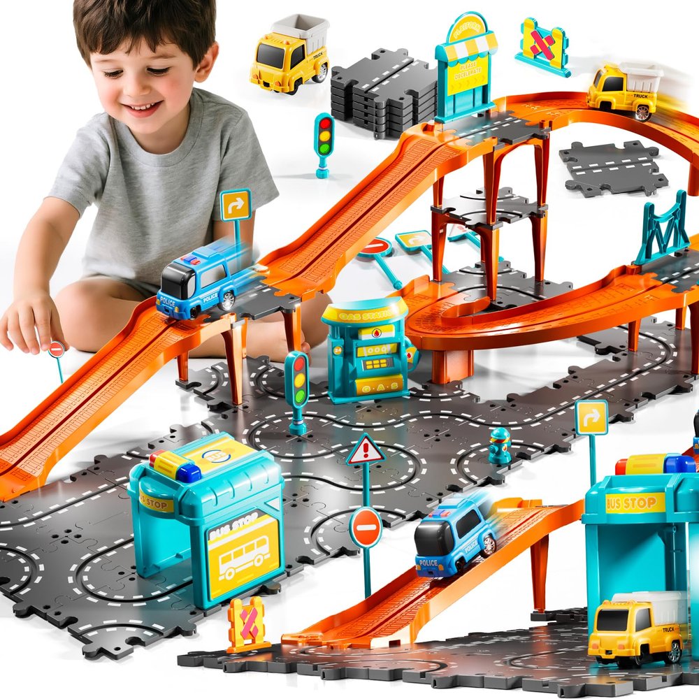 KIZONLY Puzzle Racer Kids Car Track Set, 4-Tier Race Tracks for Kids Ages 3-5 with 3 Cars, Traffic Parts, Trucks for Toddlers 2-4 Years, Floor Puzzle Tracks Car Gift for Boys Girls 3 4 5 Year Old