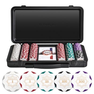 SLOWPLAY Nash 14g Clay Poker Chip Set White Gold Edition 300PCS Full Set for Texas Holdem | Numbered Chips: 1, 5, 25, 100, 500 | Premium Case with Durable German Polycarbonate Shell