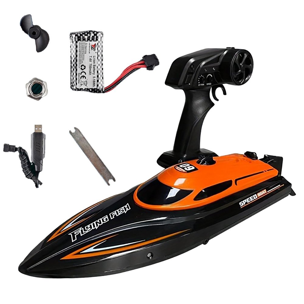 AUHIFVAX High Speed Remote Control Motor Speedboat, Up to 25km/ H Speed, Ship Flip Reset, Low Power/Overboard Night Light Tips, Specially Suitable As A Christmas, Halloween, Birthday (Orange)