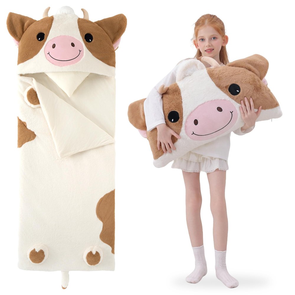 GILFWM 70" 4.2lbs Cow Thickened Kids Nap Mat for Preschool, Daycare,Kindergarten,Soft Washable for Boys and Girls, 2-in-1 Stuffed Animals Sleeping Bag and Pillow, Sleep Sack for Toddlers