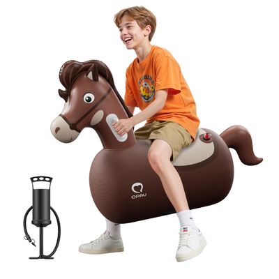 QPAU Infatable Bouncy Horse Toys with Hand Pump, Heavy Duty Giant Bouncy Pal, 220lbs Load Capacity, Ride On Bouncy Animal Hopper Toy, Indoor Outdoor Bouncers for Kids Girls Boys Ages 5+
