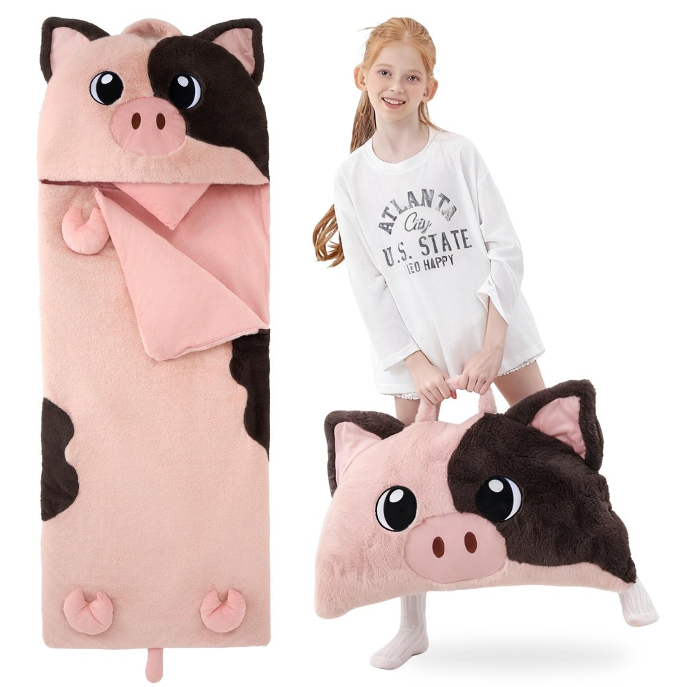 GILFWM 70" 4.2lbs Pig Thickened Kids Nap Mat for Preschool, Daycare,Kindergarten,Soft Washable for Boys and Girls, 2-in-1 Stuffed Animals Sleeping Bag and Pillow, Sleep Sack for Toddlers