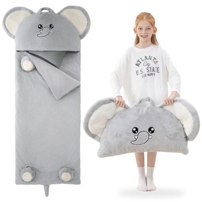 GILFWM 70" 4.2lbs Elephant Thickened Kids Nap Mat for Preschool, Daycare,Kindergarten,Soft Washable for Boys and Girls, 2-in-1 Stuffed Animals Sleeping Bag and Pillow, Sleep Sack for Toddlers