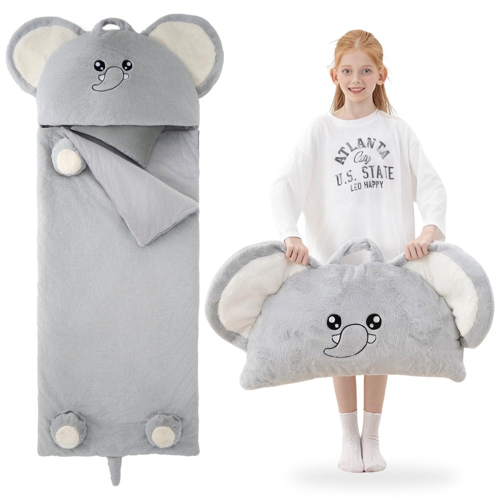 GILFWM 70" 4.2lbs Elephant Thickened Kids Nap Mat for Preschool, Daycare,Kindergarten,Soft Washable for Boys and Girls, 2-in-1 Stuffed Animals Sleeping Bag and Pillow, Sleep Sack for Toddlers