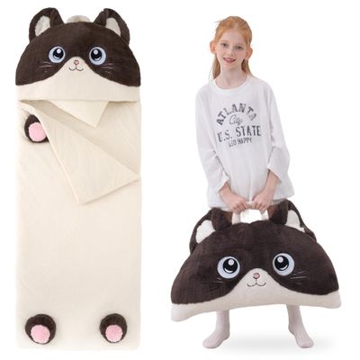 GILFWM 70" 4.2lbs Cat Thickened Kids Nap Mat for Preschool, Daycare,Kindergarten,Soft Washable for Boys and Girls, 2-in-1 Stuffed Animals Sleeping Bag and Pillow, Sleep Sack for Toddlers