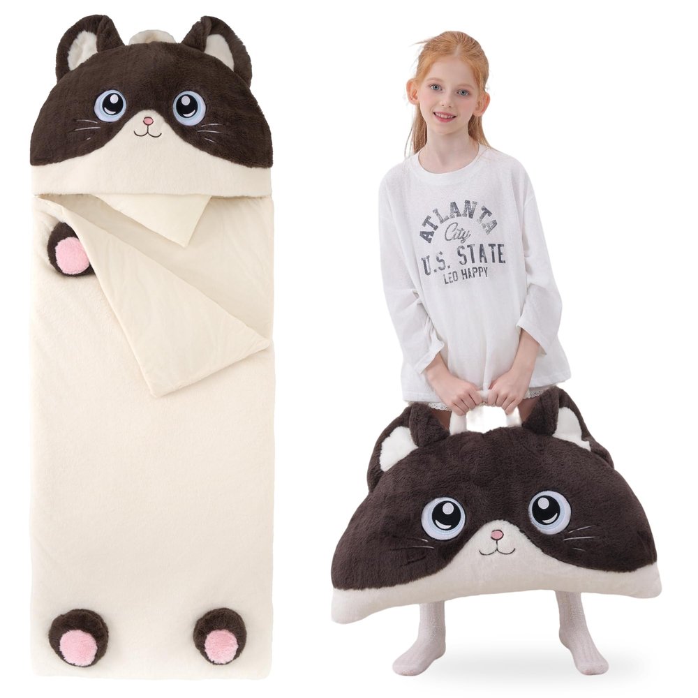GILFWM 70" 4.2lbs Cat Thickened Kids Nap Mat for Preschool, Daycare,Kindergarten,Soft Washable for Boys and Girls, 2-in-1 Stuffed Animals Sleeping Bag and Pillow, Sleep Sack for Toddlers